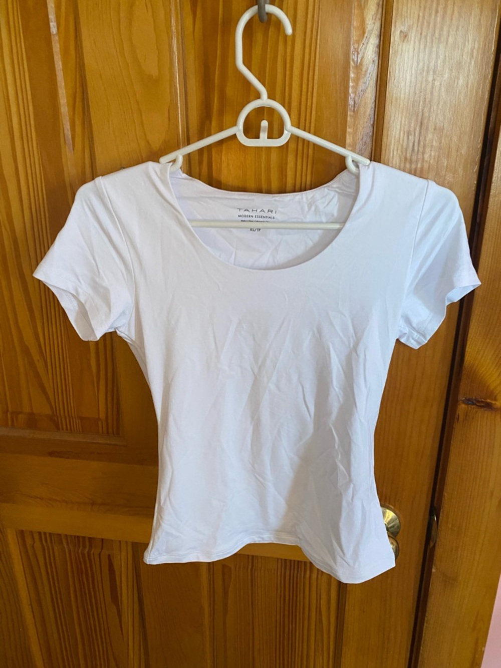 white tahari scoop neck top